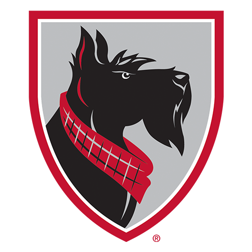 Logo featuring a stylized black dog head wearing a red scarf, set within a shield shape.