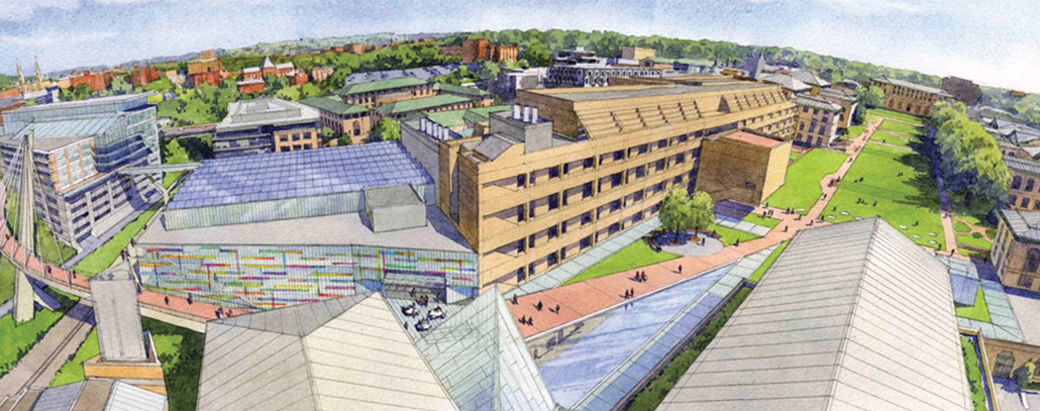 The new building will sit among Wean, Hamerschlag, and Roberts Engineering halls, as seen above in the artist's rendition created by the architectural firm designing the building, OFFICE 52. (credit: Courtesy of OFFICE 52)