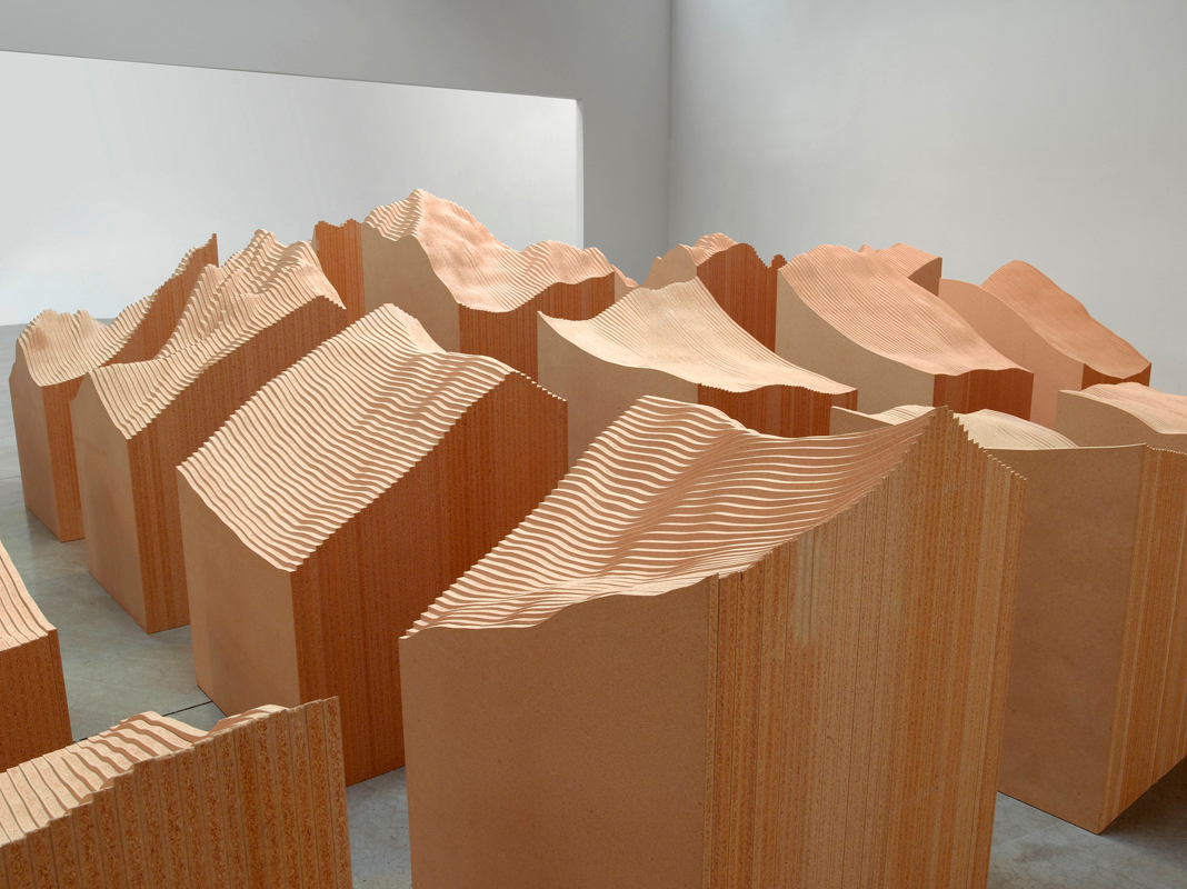 “Blue Lake Pass,” a large-scale topographical piece in the exhibit, is made of Duraflake particleboard. (credit: Courtesy of The Pace Gallery)