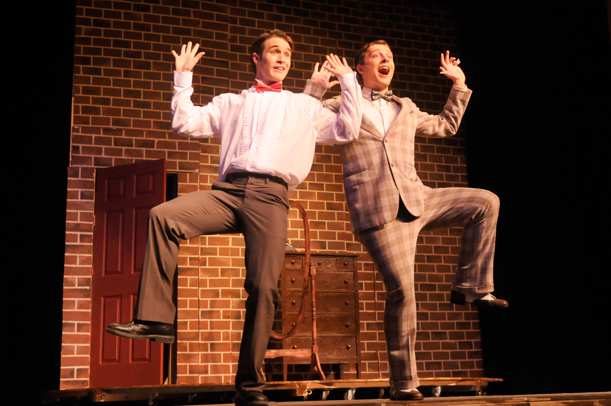 The groom (left, played by senior voice major Sean Pack) and his best man (first-year voice major Ethan Crystal) perform a jaunty musical number about wedding-day jitters. (credit: Courtesy of Guillermo Gomez)