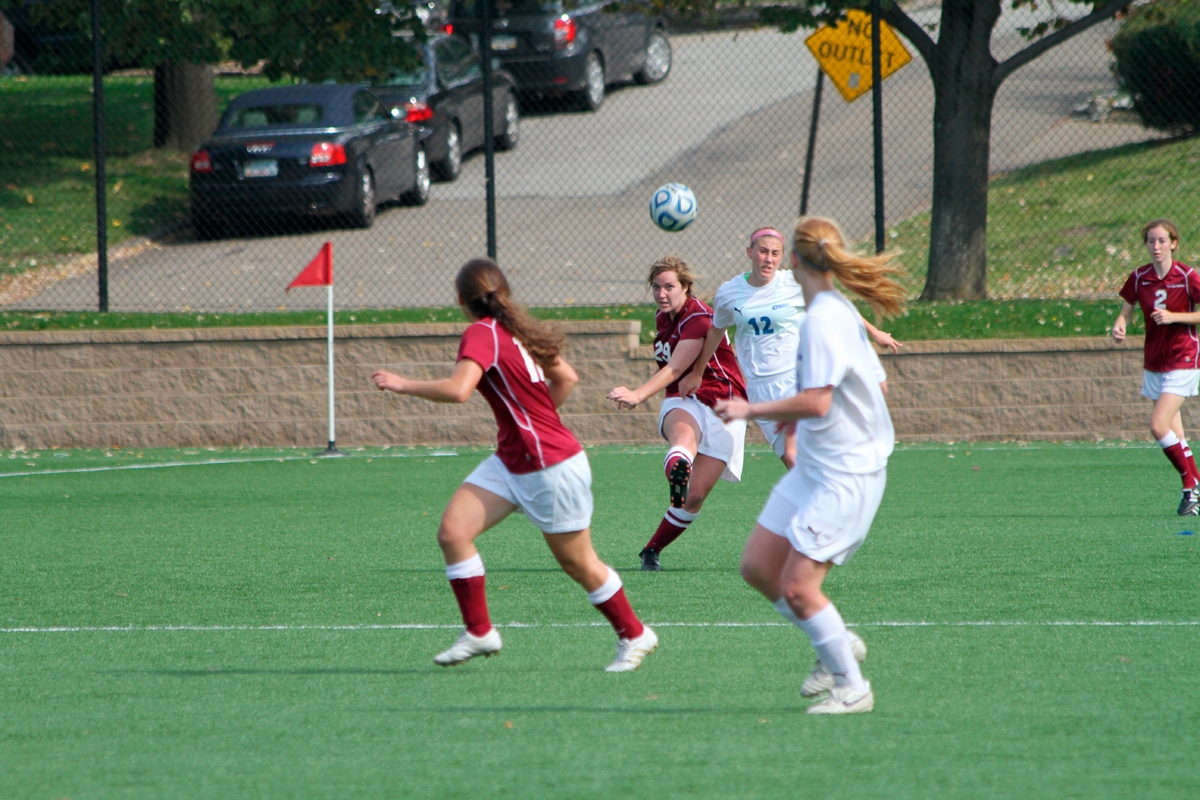 No. 29 senior Stephanie Hare (kicking the ball) has started in 14 of the Tartans’ 15 games this season. (credit: Nick Ettlinger/)