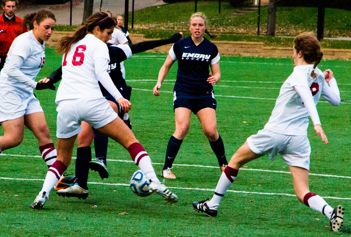 No. 16 senior defender Mitra Ebrahimi steals the ball from Emory offense. (credit: José Lopez/Junior Photographer )