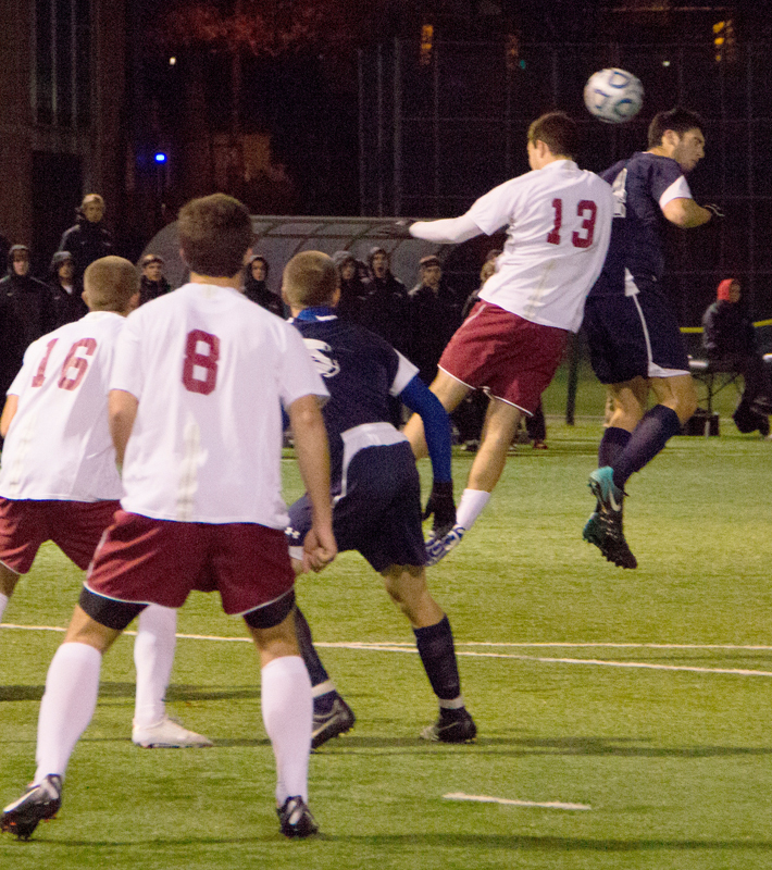 No. 13 sophomore defender Jakob Rohwer jumps to header the ball. (credit: José Lopez/Junior Photographer )