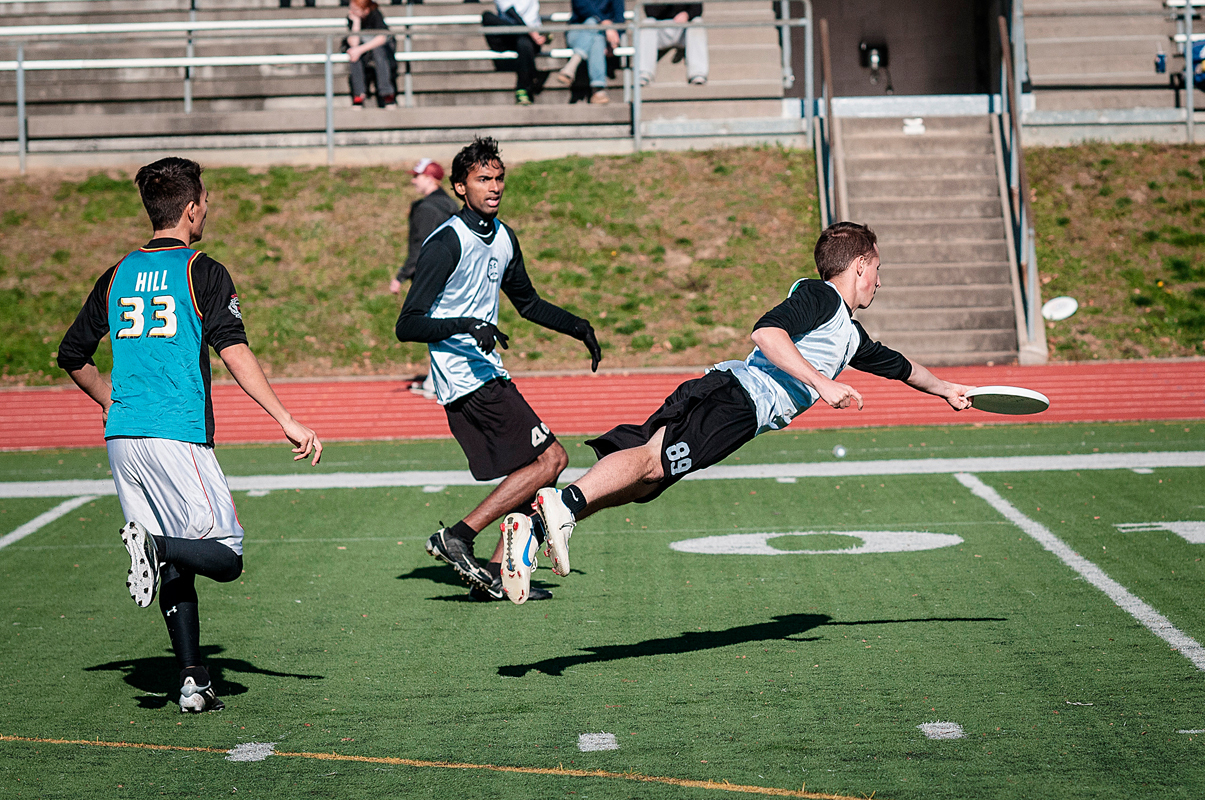 Senior Dave Matlack lays out to intercept the disk. (credit: Courtesy of Jeremy Kanter)