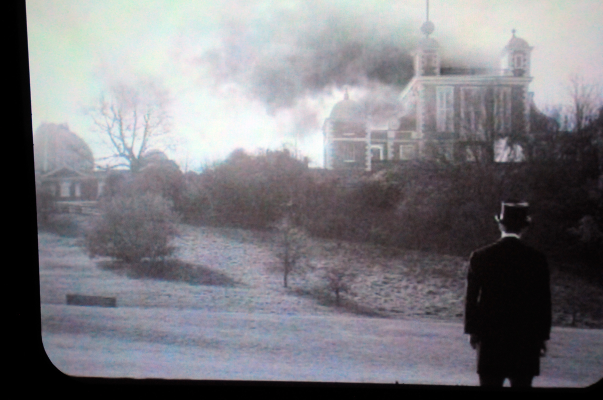 As part of “Greenwich Degree Zero,” a falsified film portraying smoke rising from The Royal Observatory, Greenwich adds to the artists’ imagining of the destruction of the Observatory. (credit: Chloe Lula/)