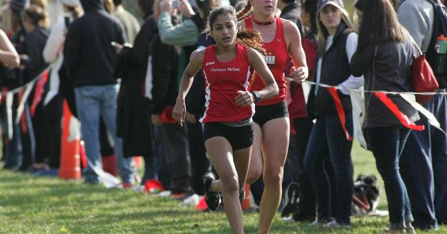 Senior Priya Patel crosses the finish line at the Saint Vincent College Invitational, where she took 28th place. (credit: Courtesy of CMU Athletics)