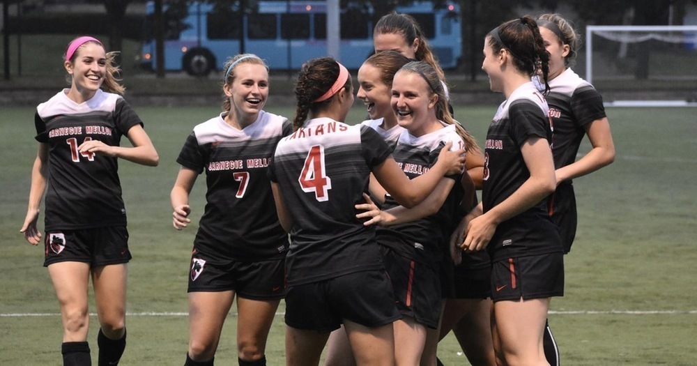 The women’s soccer team celebrates their second victory of the season after blowing out Bridgewater College. (credit: Courtesy of CMU Athletics)