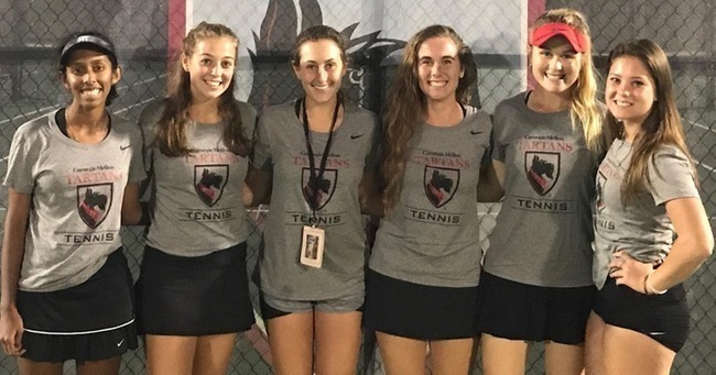 The six first-years pose together after earning a 5–0 victory. The full team next plays in the Kenyon Invitational. (credit: Courtesy of CMU Athletics)