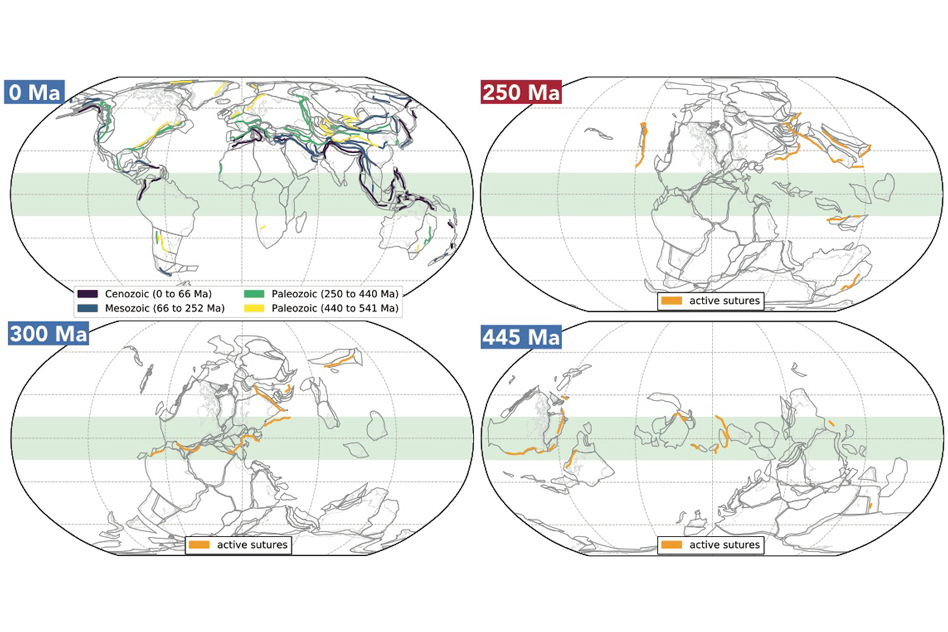 Major tectonic activities could have triggered Earth’s three ice ages over the last several hundred million years. Active sutures (orange lines) in the tropics (green strip) consume carbon dioxide from the atmosphere, which cools global temperatures. (credit: Courtesy of the researchers via Massachusetts Institute of Technology)
