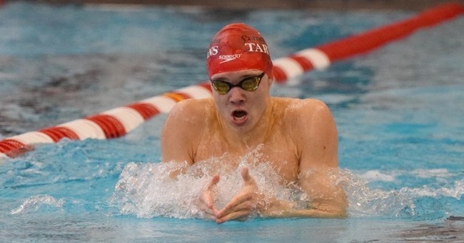 Colin Daniel bettered his seed time by over nine seconds in the 200-yard breaststroke to set one of several school records achieved at Kenyon College. (credit: Photo courtesy of Carnegie Mellon Athletics)